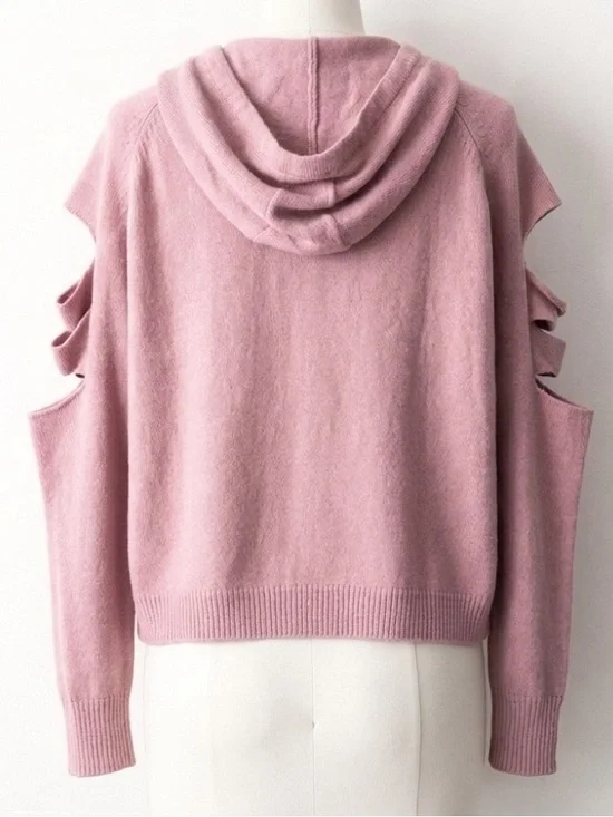 LOLA x LF Shredded Deconstructed Upcycled Knit Hoodie Sweater Dusty Rose Small - Picture 3 of 9